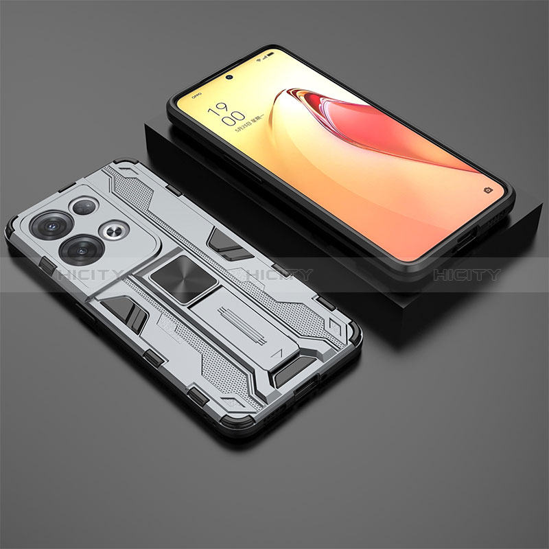 Coque Contour Silicone et Plastique Housse Etui Mat avec Aimant Magnetique Support T02 pour Oppo Reno9 Pro+ Plus 5G Gris Plus