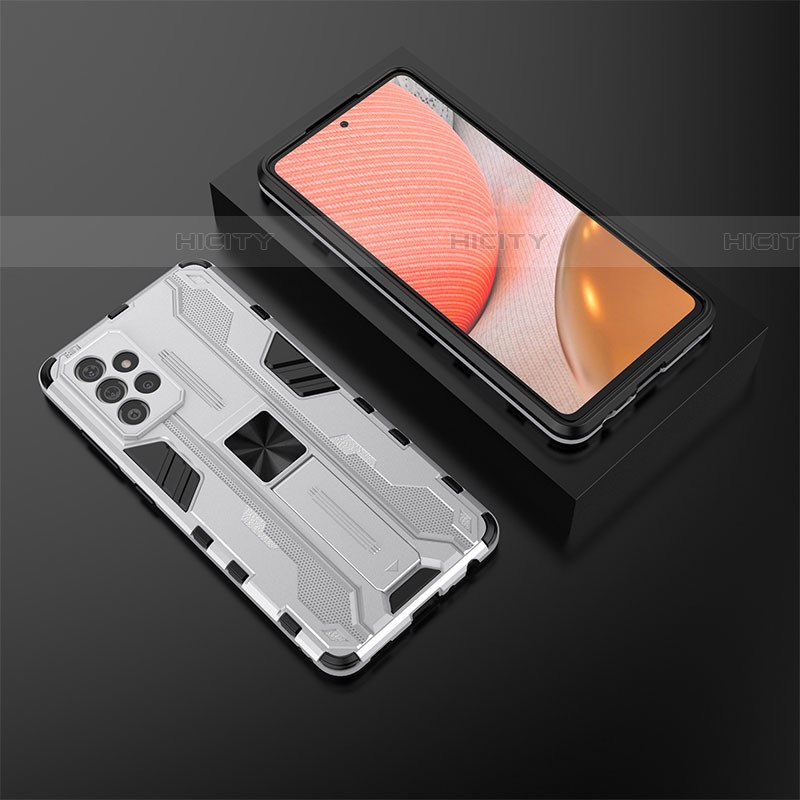 Coque Contour Silicone et Plastique Housse Etui Mat avec Aimant Magnetique Support T02 pour Samsung Galaxy A72 4G Blanc Plus