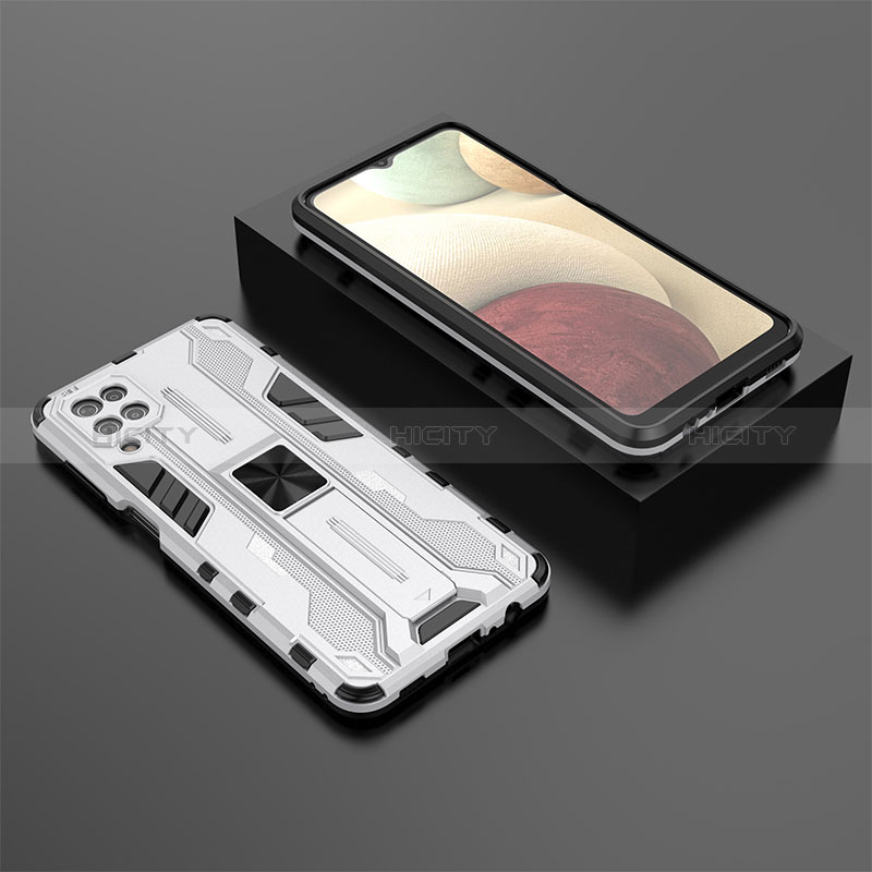 Coque Contour Silicone et Plastique Housse Etui Mat avec Aimant Magnetique Support T02 pour Samsung Galaxy F12 Blanc Plus