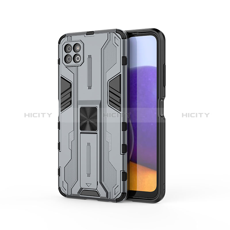 Coque Contour Silicone et Plastique Housse Etui Mat avec Aimant Magnetique Support T03 pour Samsung Galaxy A22s 5G Gris Plus