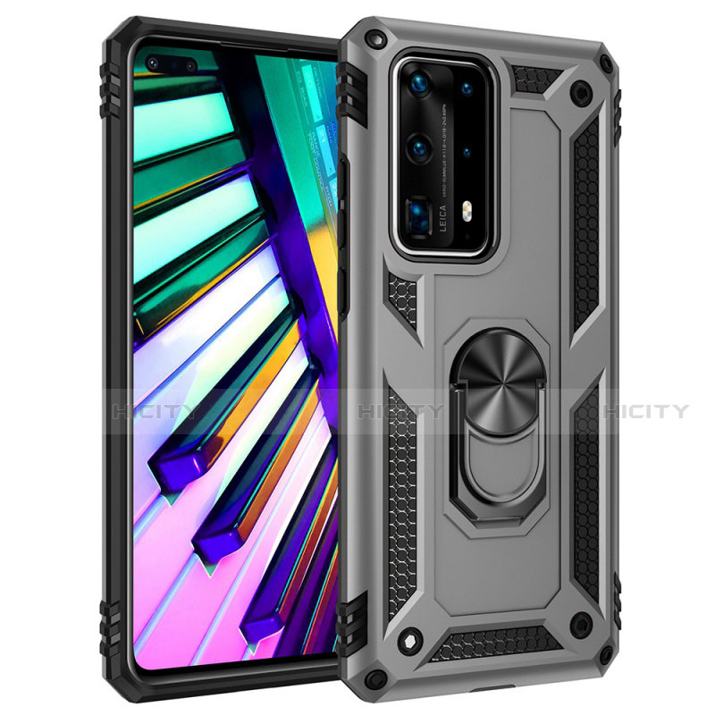 Coque Contour Silicone et Plastique Housse Etui Mat avec Magnetique Support Bague Anneau C01 pour Huawei P40 Pro+ Plus Argent Plus