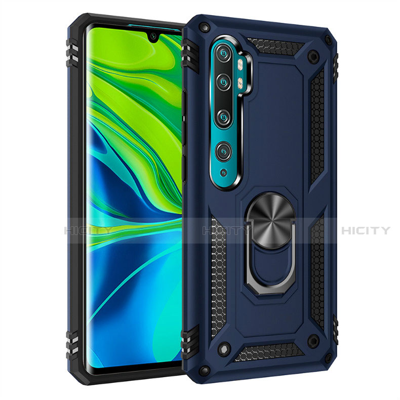 Coque Contour Silicone et Plastique Housse Etui Mat avec Magnetique Support Bague Anneau D01 pour Xiaomi Mi Note 10 Bleu Plus