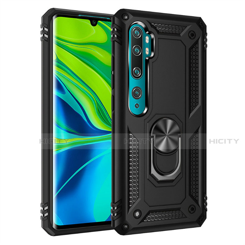 Coque Contour Silicone et Plastique Housse Etui Mat avec Magnetique Support Bague Anneau D01 pour Xiaomi Mi Note 10 Noir Plus