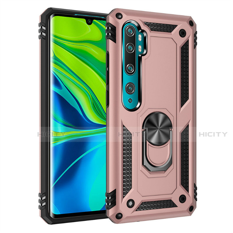 Coque Contour Silicone et Plastique Housse Etui Mat avec Magnetique Support Bague Anneau D01 pour Xiaomi Mi Note 10 Pro Or Rose Plus