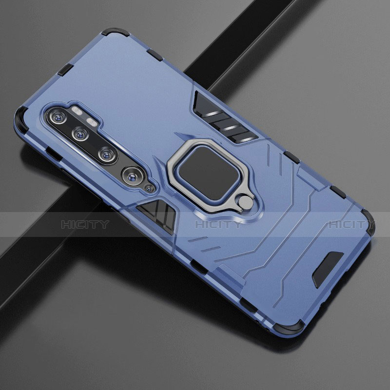 Coque Contour Silicone et Plastique Housse Etui Mat avec Magnetique Support Bague Anneau D02 pour Xiaomi Mi Note 10 Bleu Plus