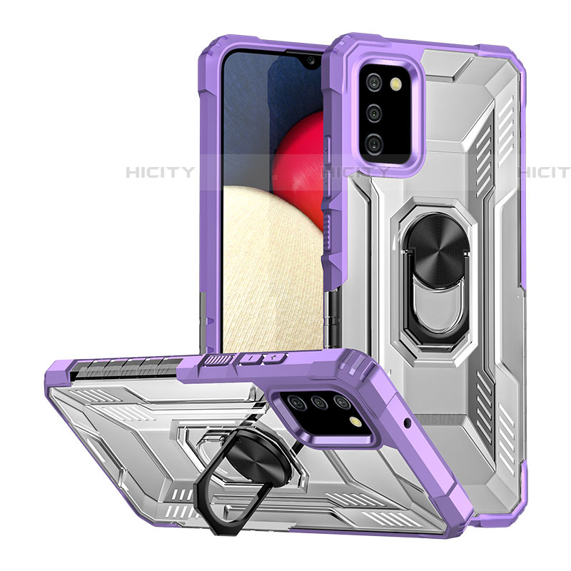 Coque Contour Silicone et Plastique Housse Etui Mat avec Magnetique Support Bague Anneau J01S pour Samsung Galaxy A03s Violet Plus