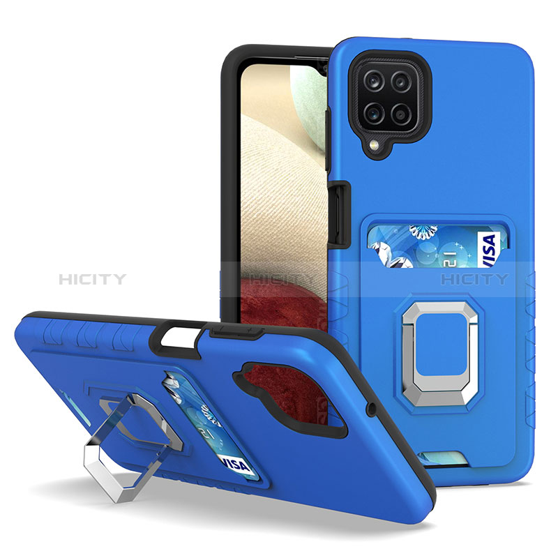 Coque Contour Silicone et Plastique Housse Etui Mat avec Magnetique Support Bague Anneau J01S pour Samsung Galaxy A12 5G Bleu Plus