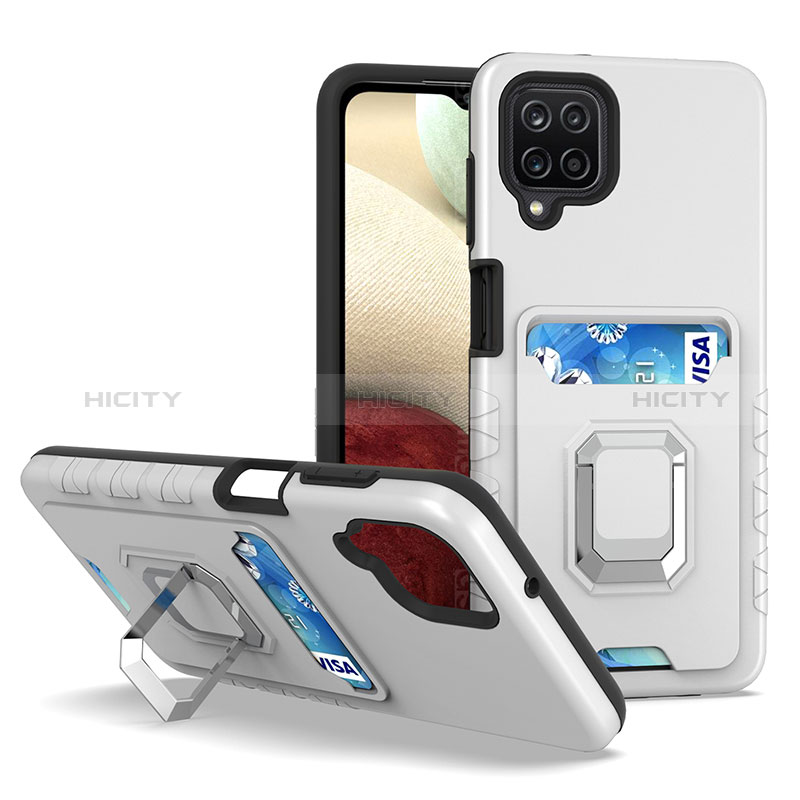 Coque Contour Silicone et Plastique Housse Etui Mat avec Magnetique Support Bague Anneau J01S pour Samsung Galaxy F12 Argent Plus