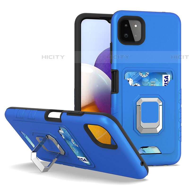 Coque Contour Silicone et Plastique Housse Etui Mat avec Magnetique Support Bague Anneau J01S pour Samsung Galaxy F42 5G Bleu Plus