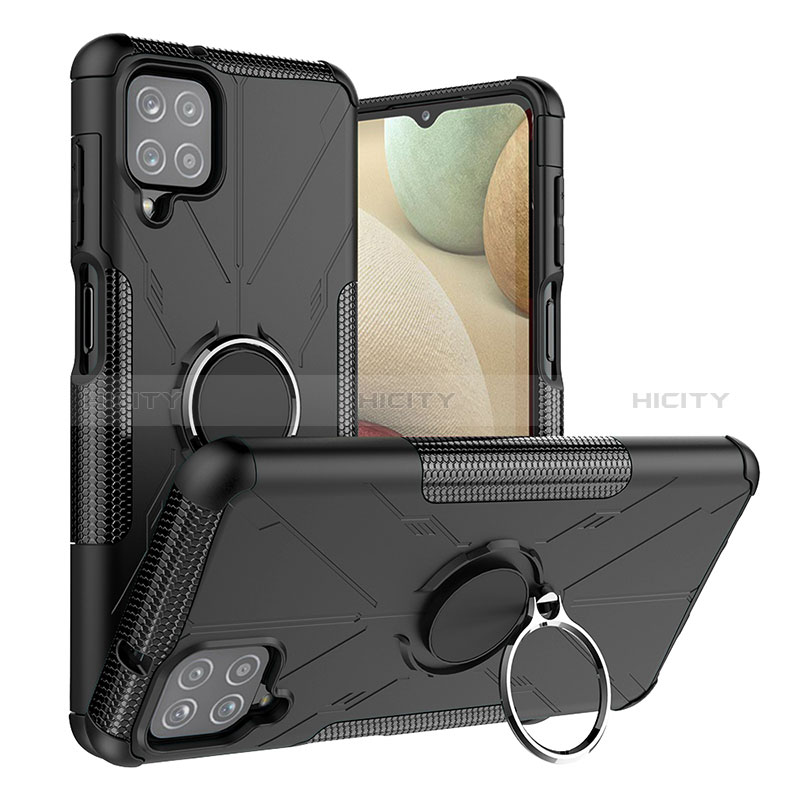 Coque Contour Silicone et Plastique Housse Etui Mat avec Magnetique Support Bague Anneau J01X pour Samsung Galaxy A12 Nacho Noir Plus