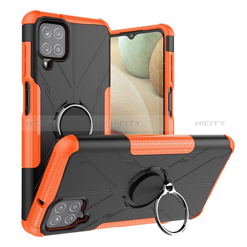 Coque Contour Silicone et Plastique Housse Etui Mat avec Magnetique Support Bague Anneau J01X pour Samsung Galaxy A12 Orange Plus