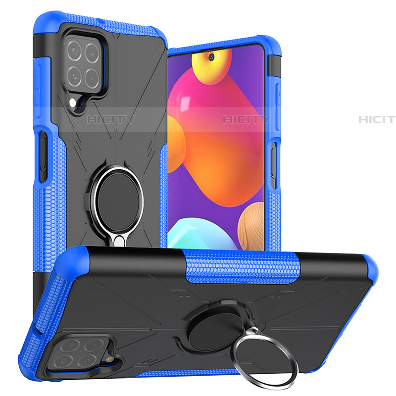 Coque Contour Silicone et Plastique Housse Etui Mat avec Magnetique Support Bague Anneau J01X pour Samsung Galaxy F62 5G Bleu Plus
