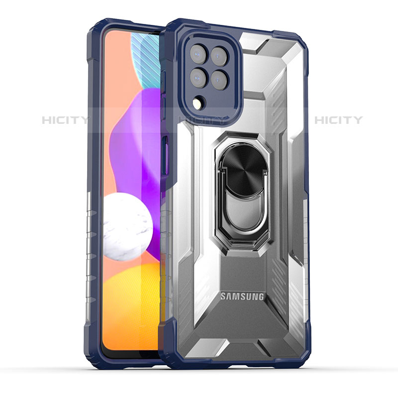 Coque Contour Silicone et Plastique Housse Etui Mat avec Magnetique Support Bague Anneau J02S pour Samsung Galaxy M32 4G Bleu Plus