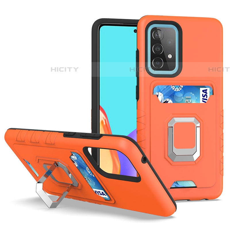 Coque Contour Silicone et Plastique Housse Etui Mat avec Magnetique Support Bague Anneau J03S pour Samsung Galaxy A52 5G Orange Plus