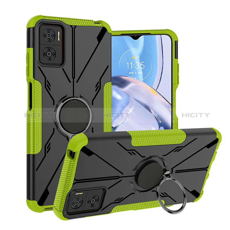 Coque Contour Silicone et Plastique Housse Etui Mat avec Magnetique Support Bague Anneau JX1 pour Motorola Moto E22 Vert Plus