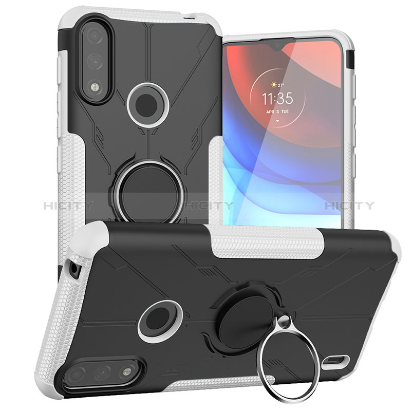 Coque Contour Silicone et Plastique Housse Etui Mat avec Magnetique Support Bague Anneau JX1 pour Motorola Moto E7 Power Argent Plus