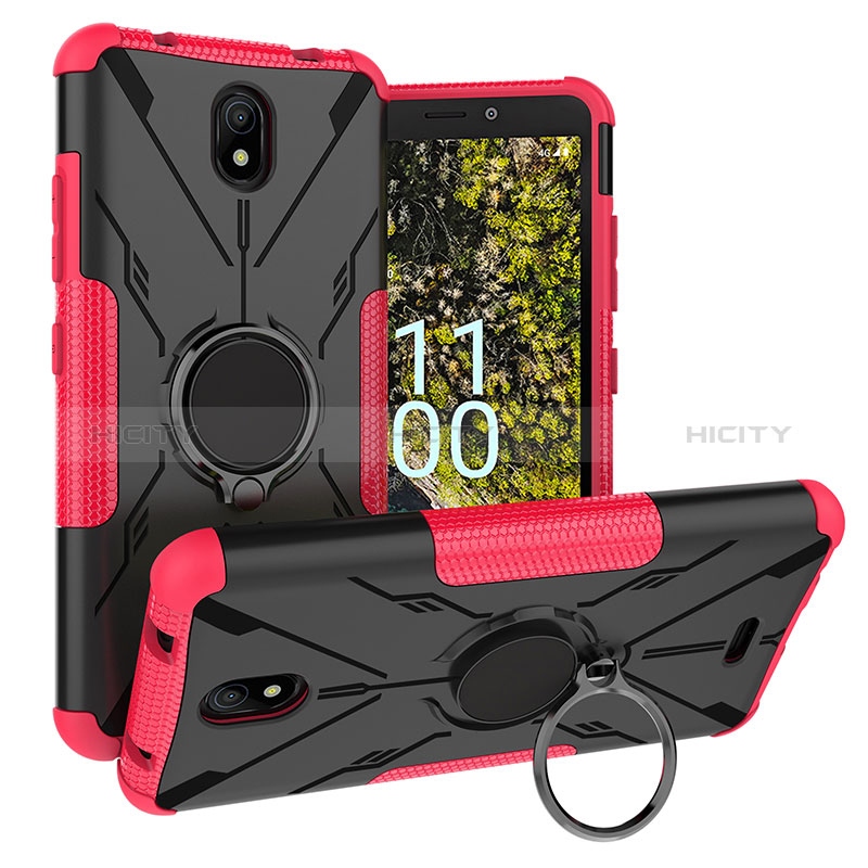 Coque Contour Silicone et Plastique Housse Etui Mat avec Magnetique Support Bague Anneau JX1 pour Nokia C100 Rose Rouge Plus