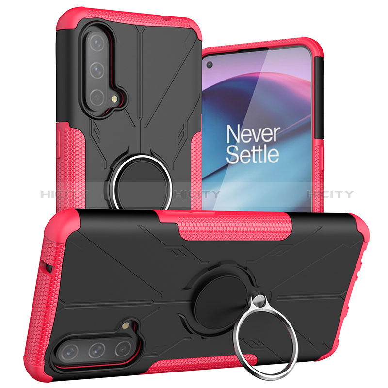 Coque Contour Silicone et Plastique Housse Etui Mat avec Magnetique Support Bague Anneau JX1 pour OnePlus Nord CE 5G Rose Rouge Plus