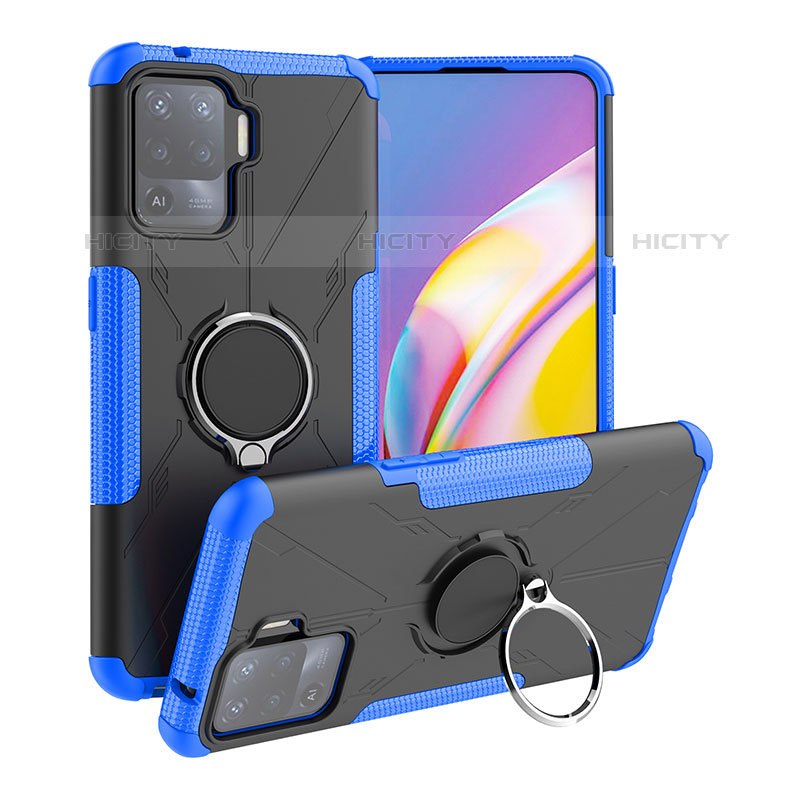 Coque Contour Silicone et Plastique Housse Etui Mat avec Magnetique Support Bague Anneau JX1 pour Oppo Reno5 F Bleu Plus