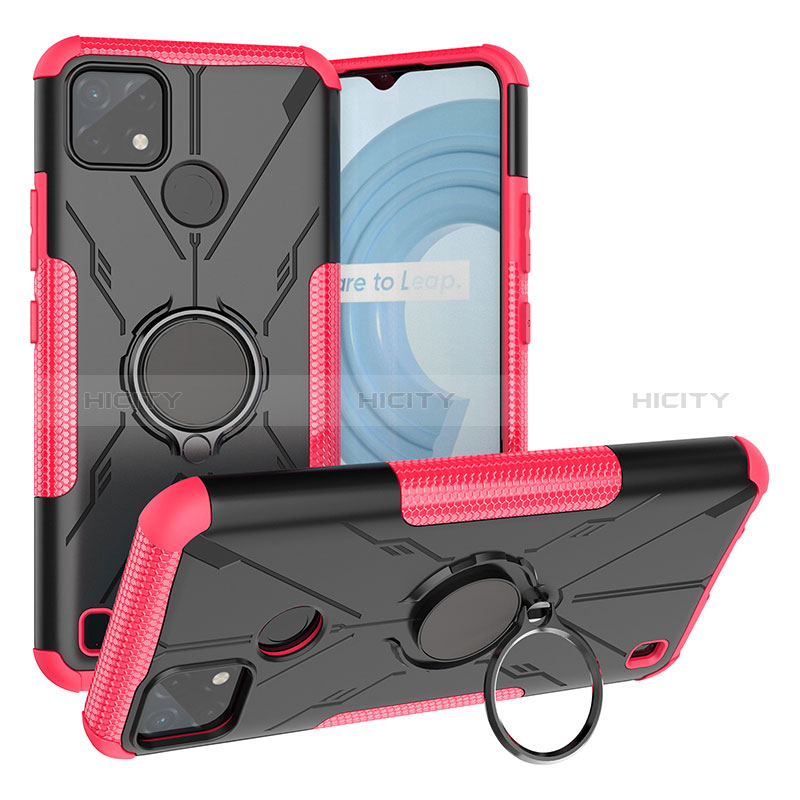 Coque Contour Silicone et Plastique Housse Etui Mat avec Magnetique Support Bague Anneau JX1 pour Realme C21Y Rose Rouge Plus