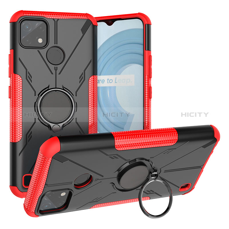 Coque Contour Silicone et Plastique Housse Etui Mat avec Magnetique Support Bague Anneau JX1 pour Realme C21Y Rouge Plus