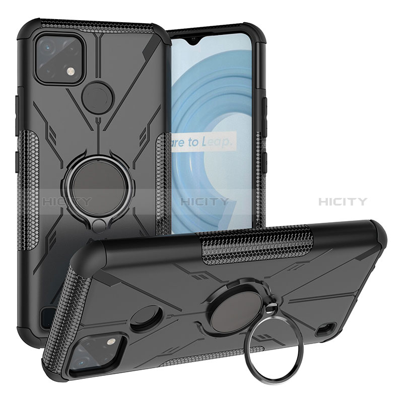 Coque Contour Silicone et Plastique Housse Etui Mat avec Magnetique Support Bague Anneau JX1 pour Realme C25Y India Noir Plus