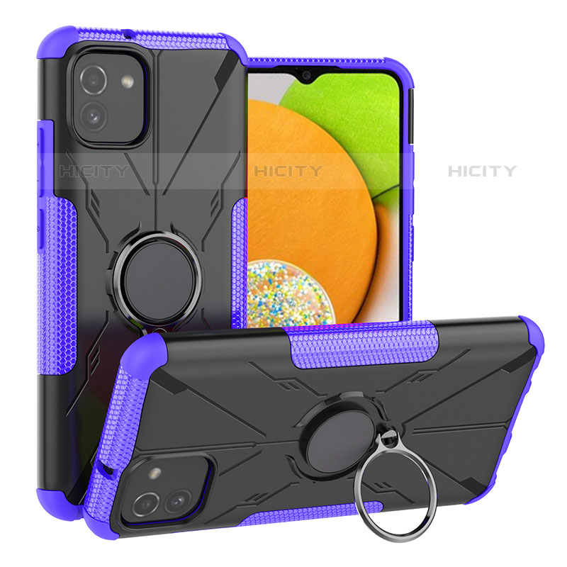 Coque Contour Silicone et Plastique Housse Etui Mat avec Magnetique Support Bague Anneau JX1 pour Samsung Galaxy A03 Violet Plus