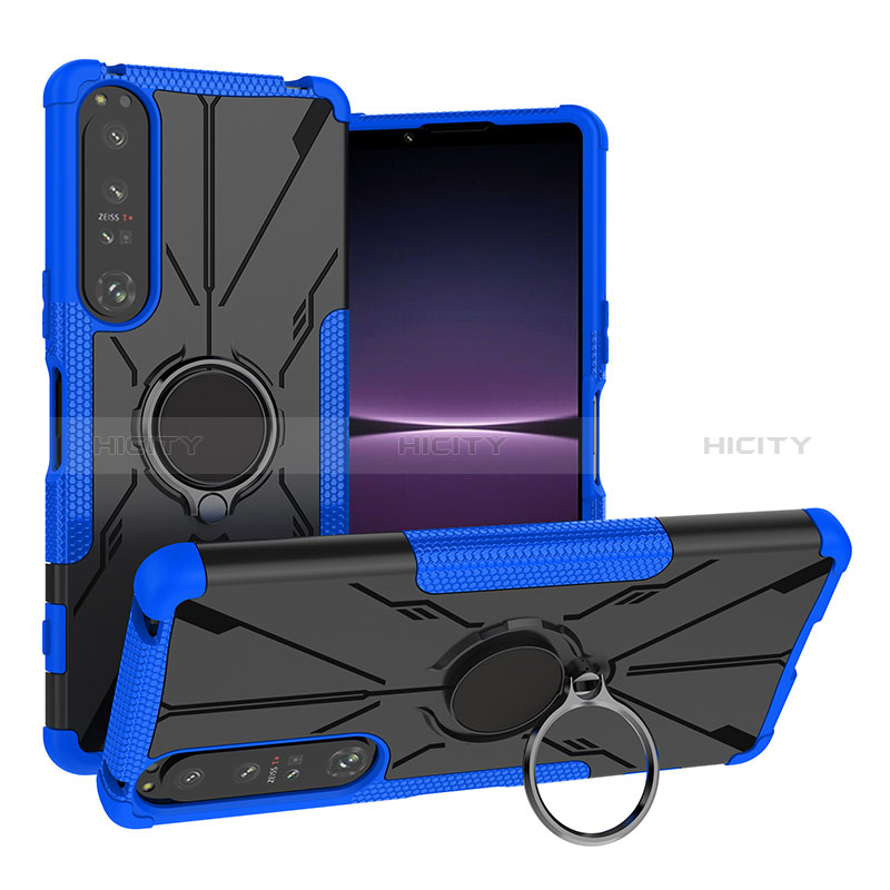 Coque Contour Silicone et Plastique Housse Etui Mat avec Magnetique Support Bague Anneau JX1 pour Sony Xperia 1 IV SO-51C Bleu Plus