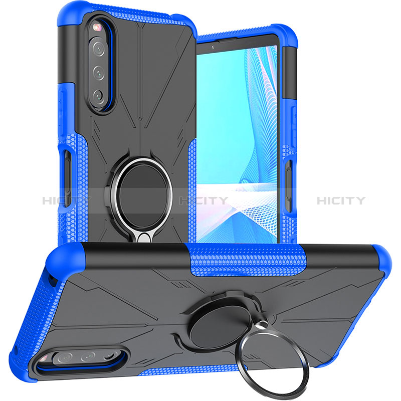 Coque Contour Silicone et Plastique Housse Etui Mat avec Magnetique Support Bague Anneau JX1 pour Sony Xperia 10 III Bleu Plus