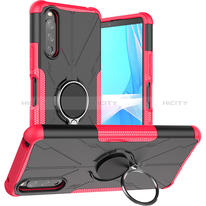 Coque Contour Silicone et Plastique Housse Etui Mat avec Magnetique Support Bague Anneau JX1 pour Sony Xperia 10 III Rose Rouge Plus