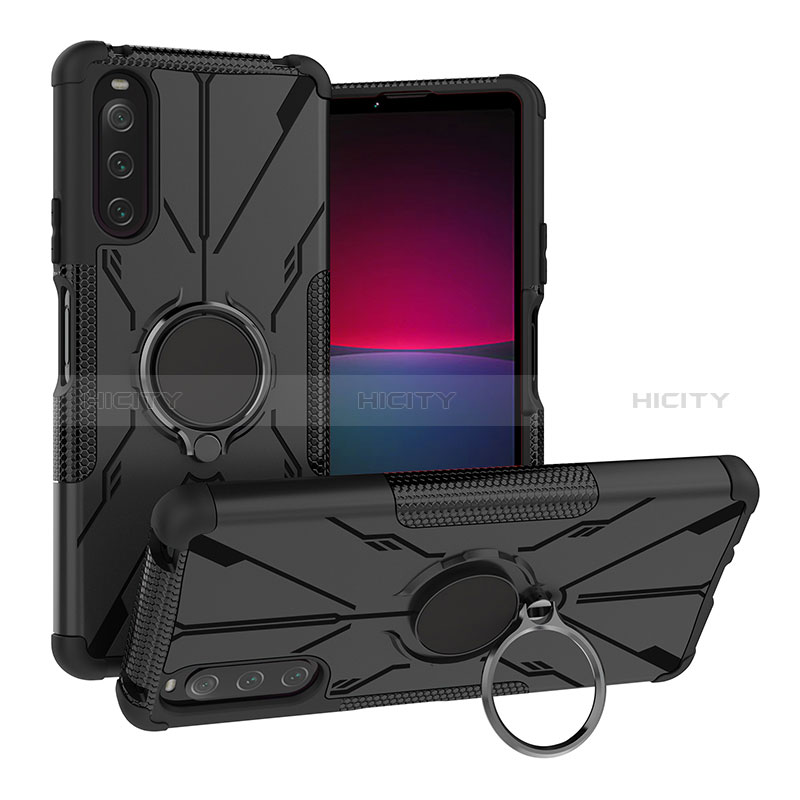 Coque Contour Silicone et Plastique Housse Etui Mat avec Magnetique Support Bague Anneau JX1 pour Sony Xperia 10 IV Noir Plus