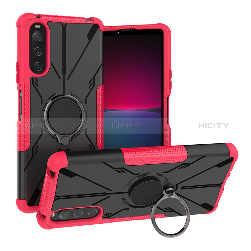 Coque Contour Silicone et Plastique Housse Etui Mat avec Magnetique Support Bague Anneau JX1 pour Sony Xperia 10 IV Rose Rouge Plus