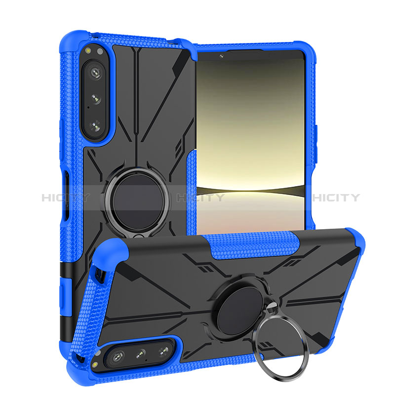 Coque Contour Silicone et Plastique Housse Etui Mat avec Magnetique Support Bague Anneau JX1 pour Sony Xperia 5 IV Bleu Plus