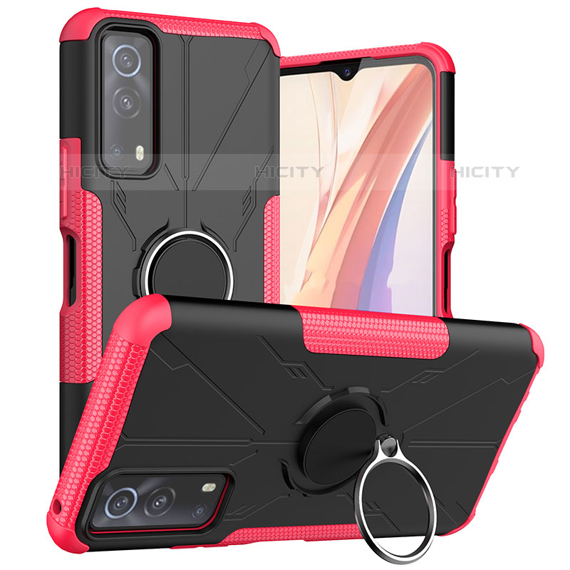 Coque Contour Silicone et Plastique Housse Etui Mat avec Magnetique Support Bague Anneau JX1 pour Vivo iQOO Z3 5G Rose Rouge Plus