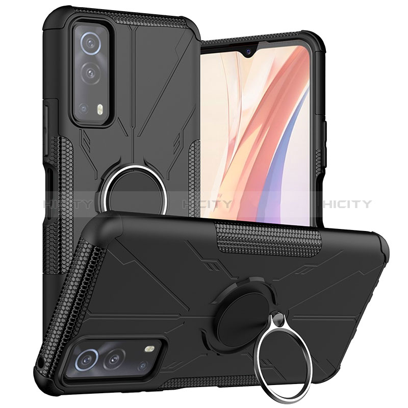 Coque Contour Silicone et Plastique Housse Etui Mat avec Magnetique Support Bague Anneau JX1 pour Vivo Y72 5G Noir Plus