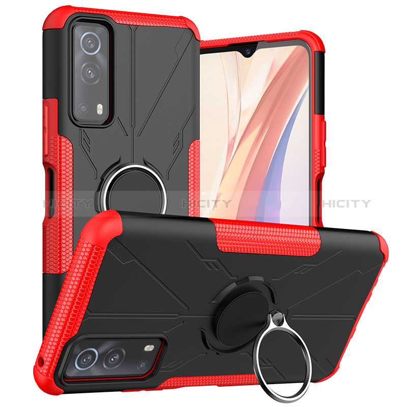 Coque Contour Silicone et Plastique Housse Etui Mat avec Magnetique Support Bague Anneau JX1 pour Vivo Y72 5G Rouge Plus