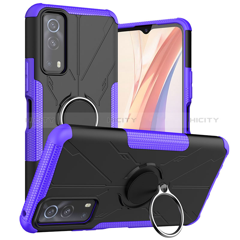 Coque Contour Silicone et Plastique Housse Etui Mat avec Magnetique Support Bague Anneau JX1 pour Vivo Y72 5G Violet Plus