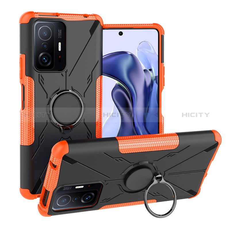 Coque Contour Silicone et Plastique Housse Etui Mat avec Magnetique Support Bague Anneau JX1 pour Xiaomi Mi 11T Pro 5G Orange Plus