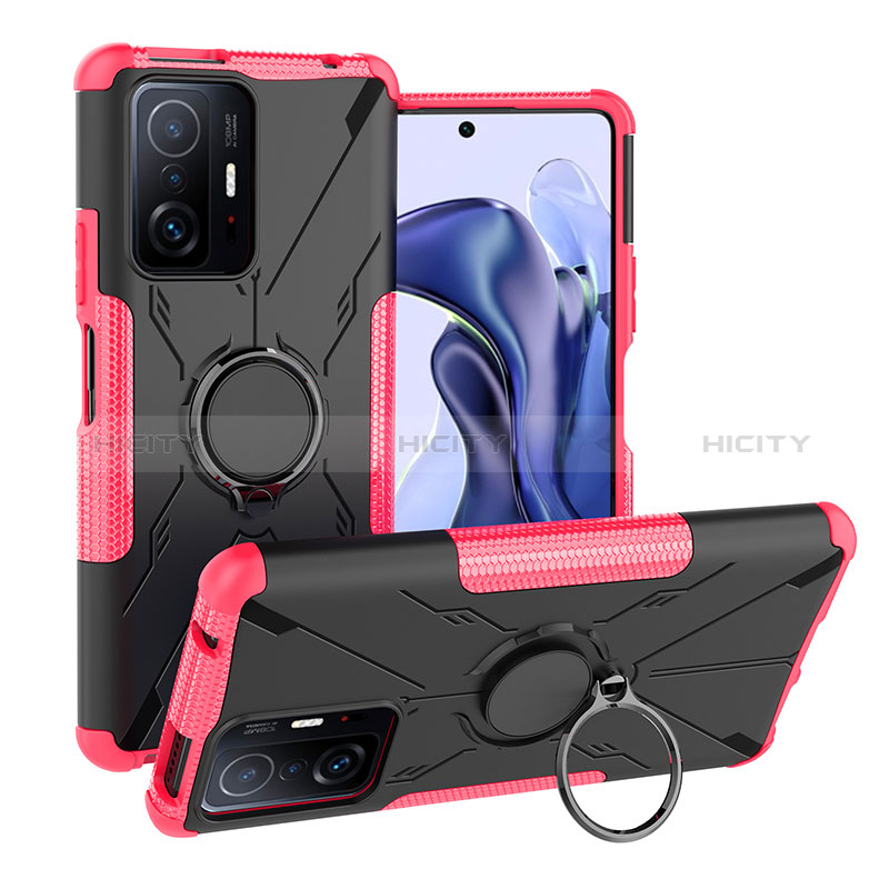 Coque Contour Silicone et Plastique Housse Etui Mat avec Magnetique Support Bague Anneau JX1 pour Xiaomi Mi 11T Pro 5G Rose Rouge Plus