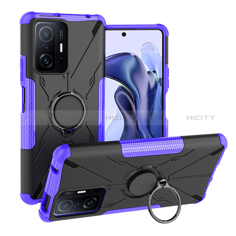 Coque Contour Silicone et Plastique Housse Etui Mat avec Magnetique Support Bague Anneau JX1 pour Xiaomi Mi 11T Pro 5G Violet Plus