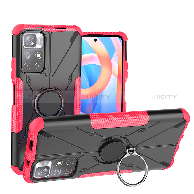 Coque Contour Silicone et Plastique Housse Etui Mat avec Magnetique Support Bague Anneau JX1 pour Xiaomi Poco M4 Pro 5G Rose Rouge Plus