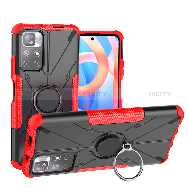 Coque Contour Silicone et Plastique Housse Etui Mat avec Magnetique Support Bague Anneau JX1 pour Xiaomi Poco M4 Pro 5G Rouge Plus