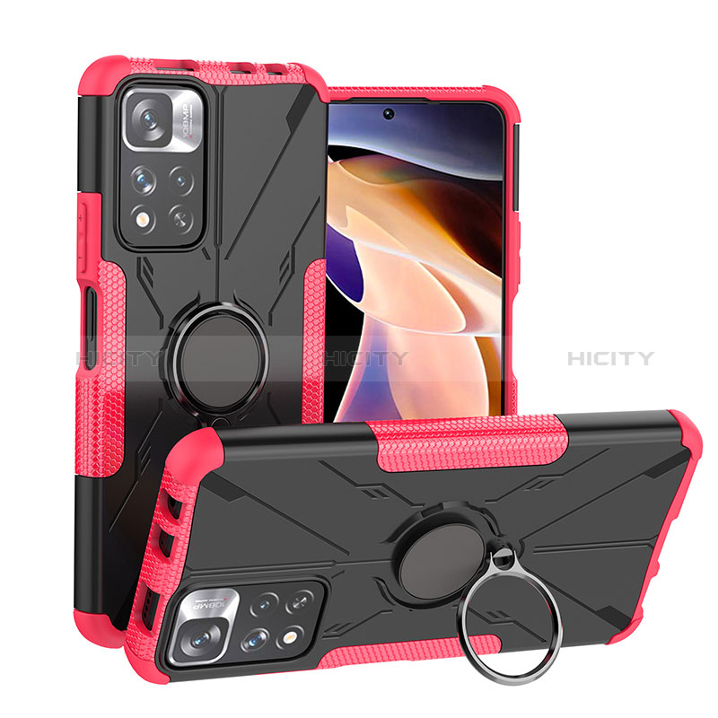 Coque Contour Silicone et Plastique Housse Etui Mat avec Magnetique Support Bague Anneau JX1 pour Xiaomi Poco X4 NFC Rose Rouge Plus