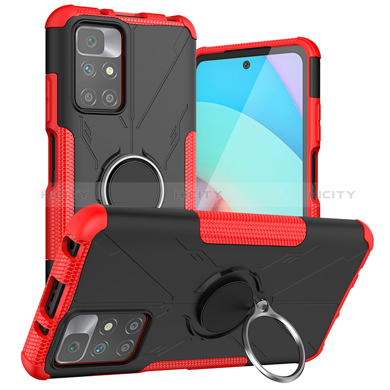 Coque Contour Silicone et Plastique Housse Etui Mat avec Magnetique Support Bague Anneau JX1 pour Xiaomi Redmi 10 (2022) Rouge Plus