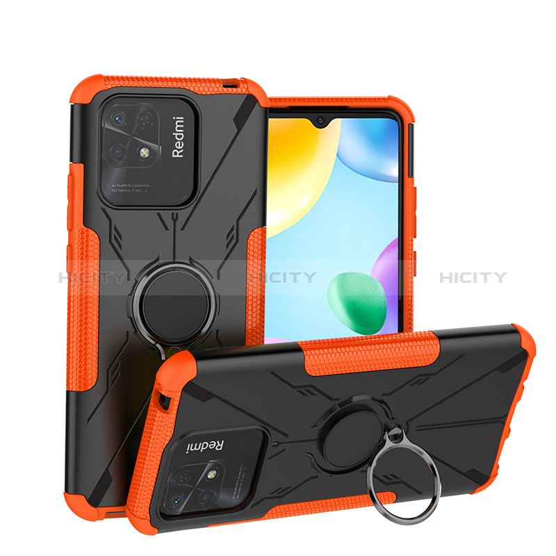 Coque Contour Silicone et Plastique Housse Etui Mat avec Magnetique Support Bague Anneau JX1 pour Xiaomi Redmi 10 India Orange Plus