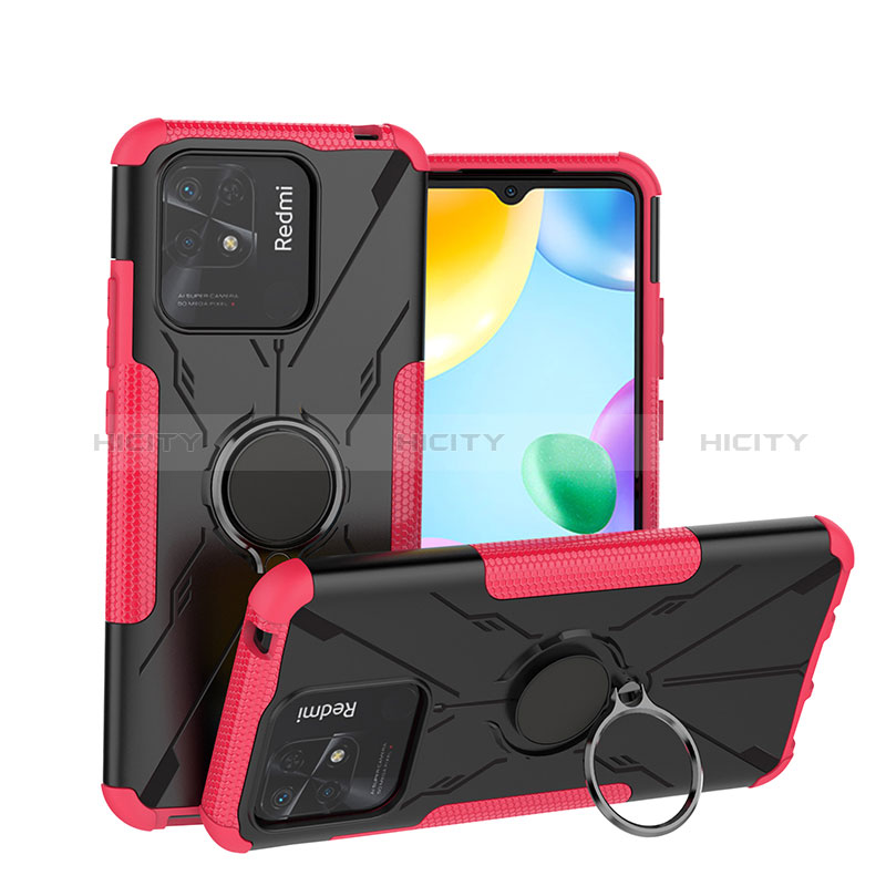 Coque Contour Silicone et Plastique Housse Etui Mat avec Magnetique Support Bague Anneau JX1 pour Xiaomi Redmi 10 India Rose Rouge Plus