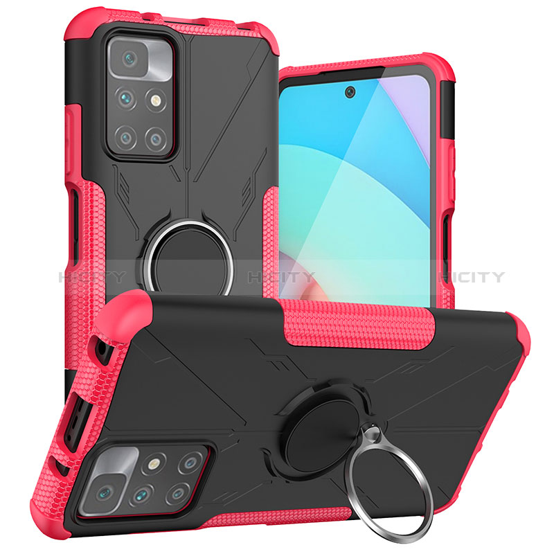 Coque Contour Silicone et Plastique Housse Etui Mat avec Magnetique Support Bague Anneau JX1 pour Xiaomi Redmi Note 11 4G (2021) Rose Rouge Plus