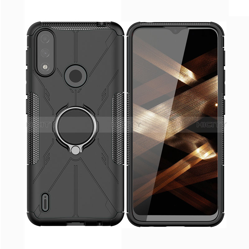 Coque Contour Silicone et Plastique Housse Etui Mat avec Magnetique Support Bague Anneau JX2 pour Motorola Moto E7 Power Noir Plus