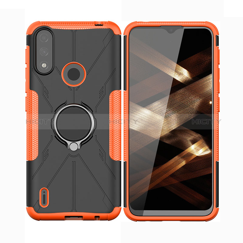 Coque Contour Silicone et Plastique Housse Etui Mat avec Magnetique Support Bague Anneau JX2 pour Motorola Moto E7 Power Orange Plus