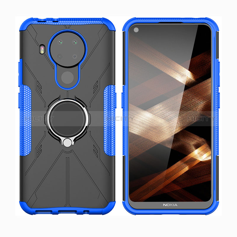 Coque Contour Silicone et Plastique Housse Etui Mat avec Magnetique Support Bague Anneau JX2 pour Nokia 5.4 Bleu Plus